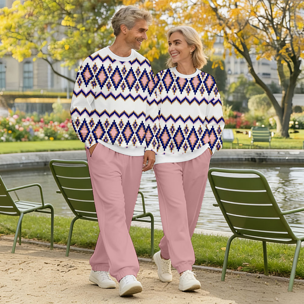 Valentine's Day Pink & White Color Matching Vintage Printed Long Sleeved Sweatshirt & Sweatpant Two-Piece Set