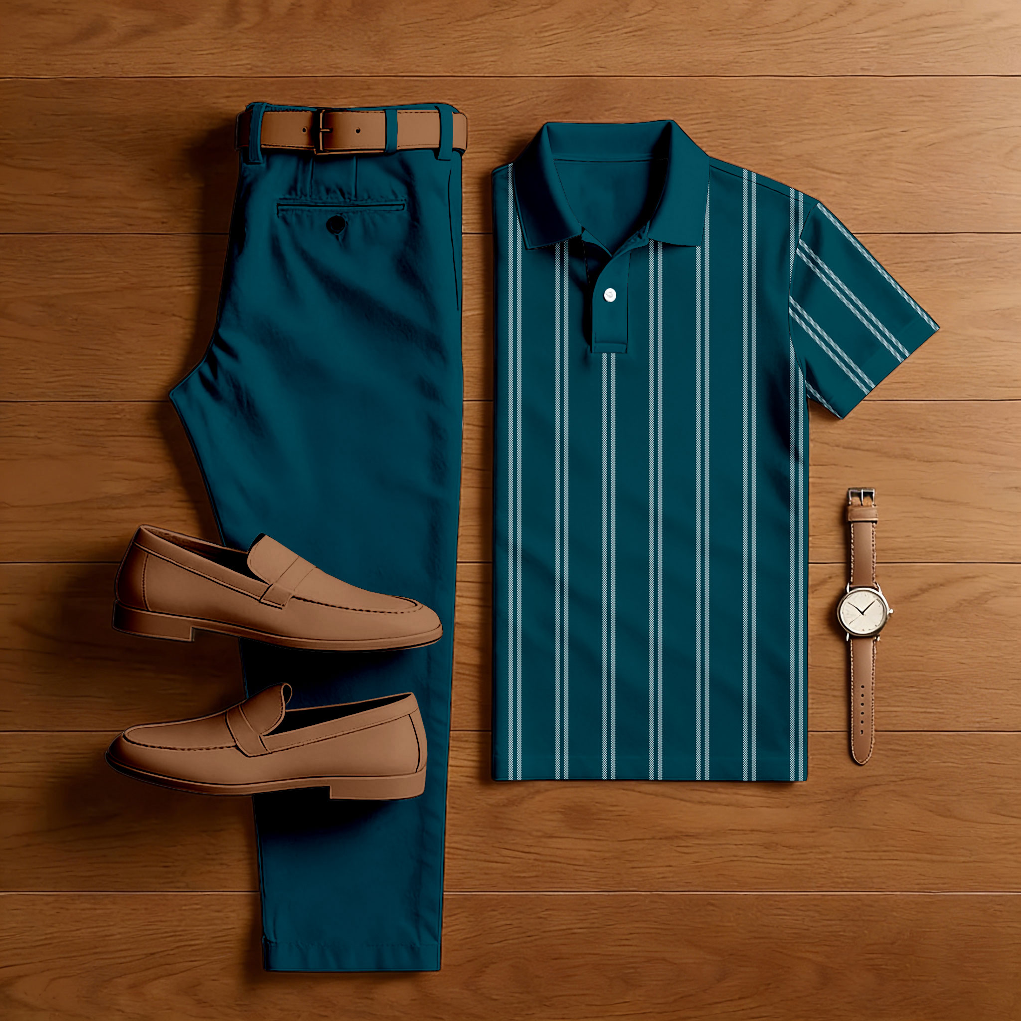 Men's Casual Dark Green Color Matching Striped Printed Short Sleeved Polo Shirt & Trousers Two-Piece Set