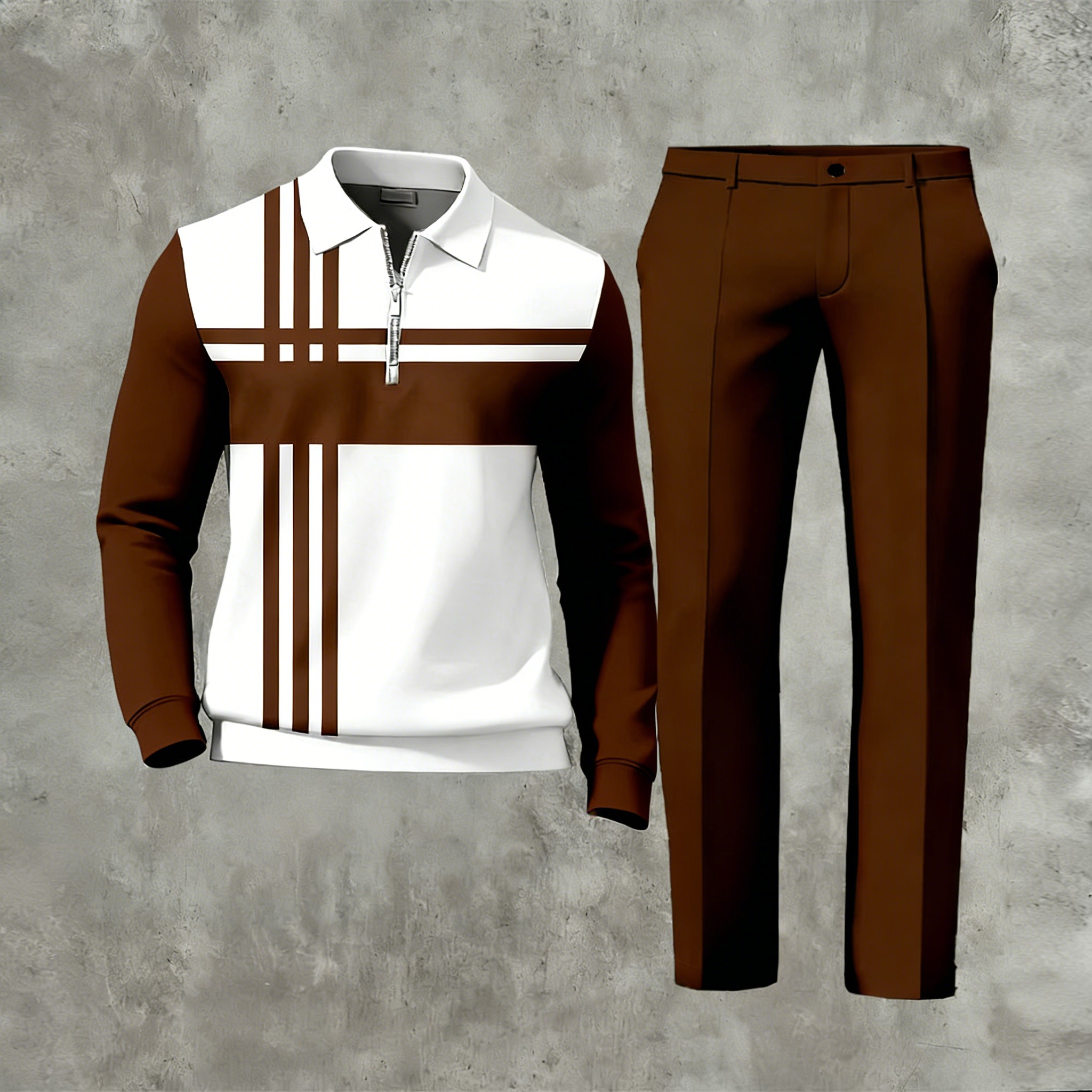 Men's Casual Multi Color Matching Geometric Printed Zipper Long Sleeved Polo Shirt & Trousers Two-Piece Set