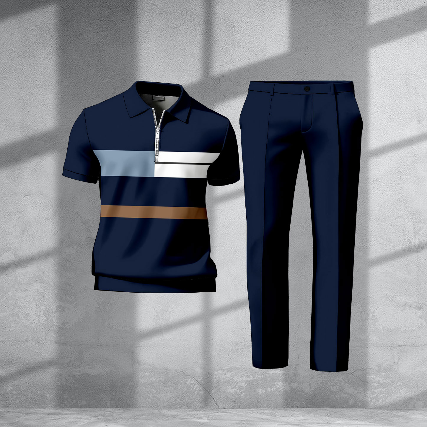 Men's Casual Navy Blue Color Matching Geometric Printed Zipper Short Sleeved Polo Shirt & Trousers Two-Piece Set