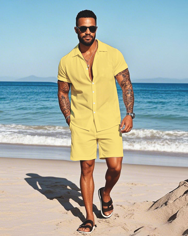 Men's Fashion Casual Lapel Collar Solid Color Short-Sleeved Two-Piece Set