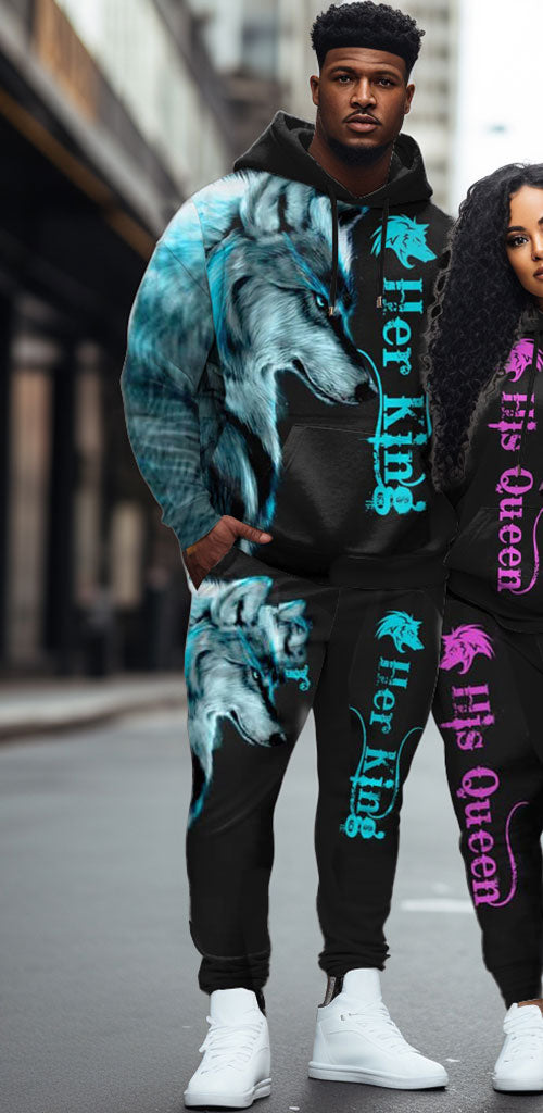 Couple Plus Size Wolf Hoodie & Sweatpants Set "She Keeps Me Wild-He Keeps Me Safe"