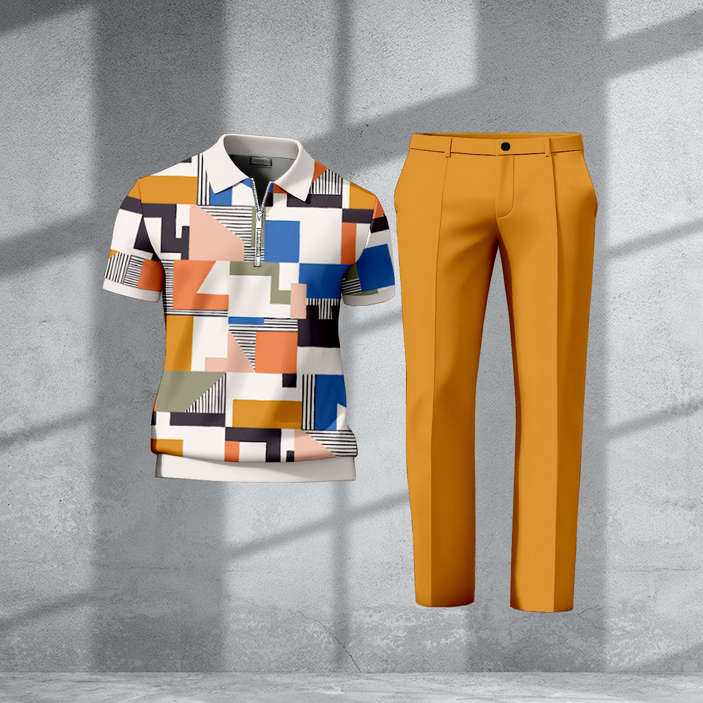 Men's Casual Ginger & Multi Color Matching Geometric Printed Zipper Short Sleeved Polo Shirt & Trousers Two-Piece Set