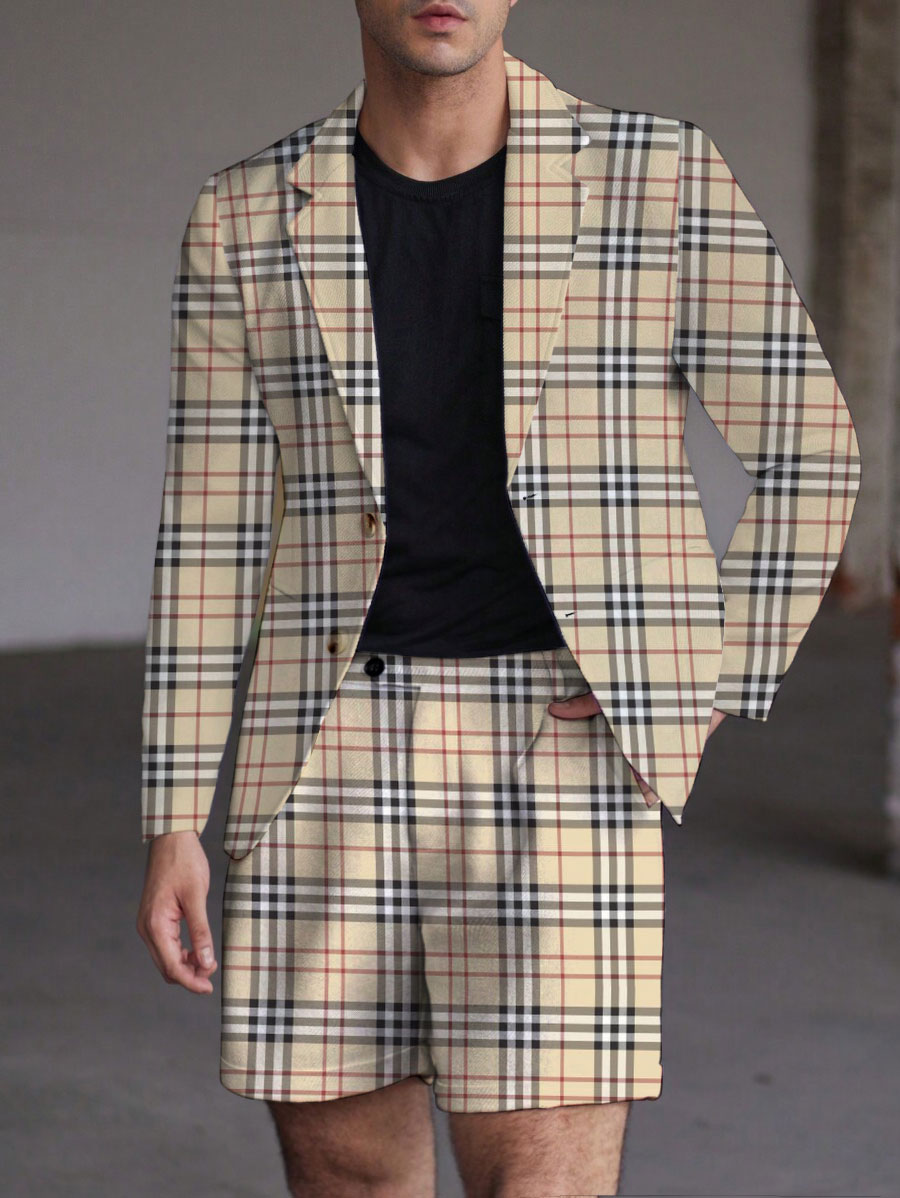 Men's Fashion Business Casual Geometric Printed Lapel Collar Long-Sleeved Two-Piece Suits