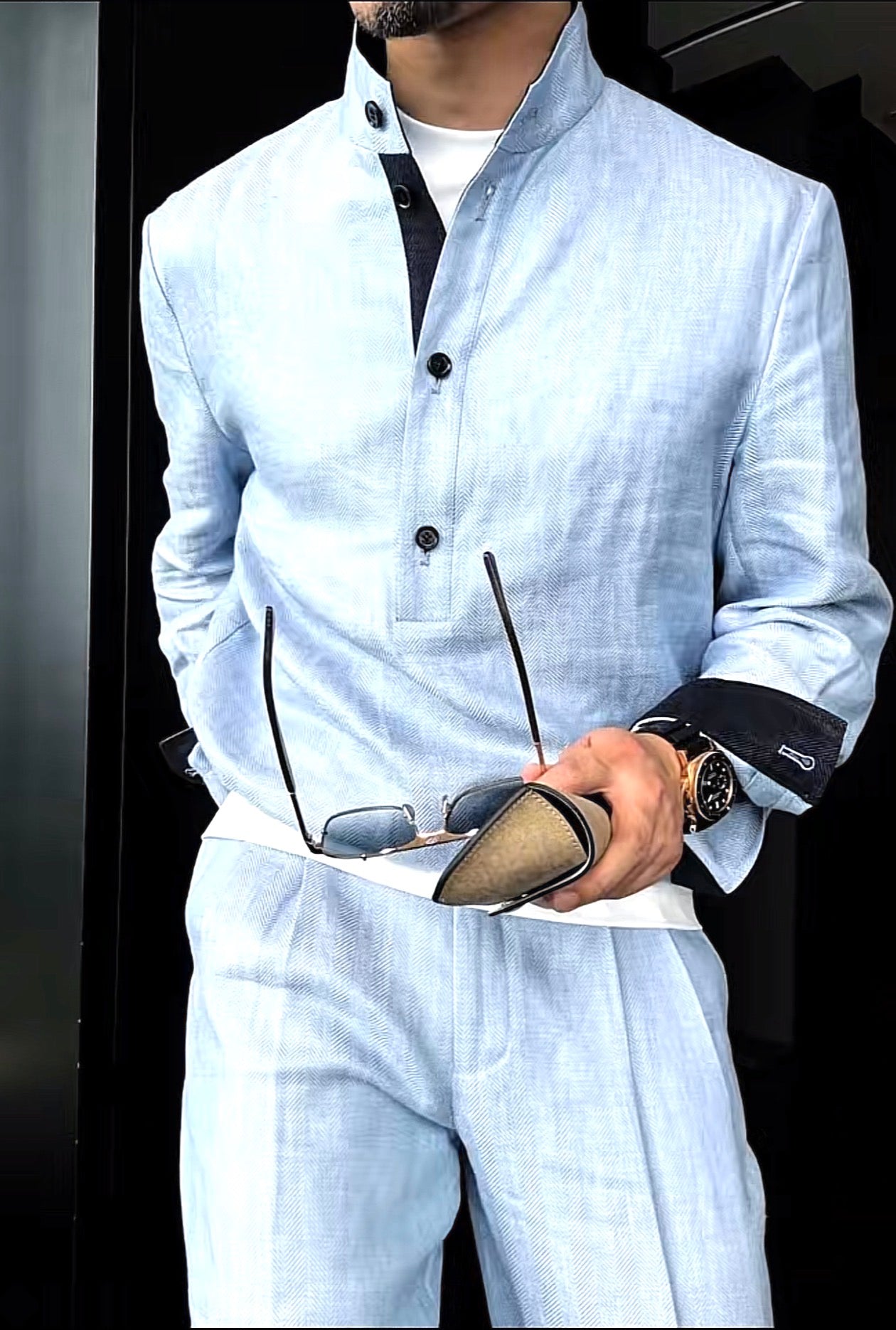 Premium Linen Mandarin Collar Suit