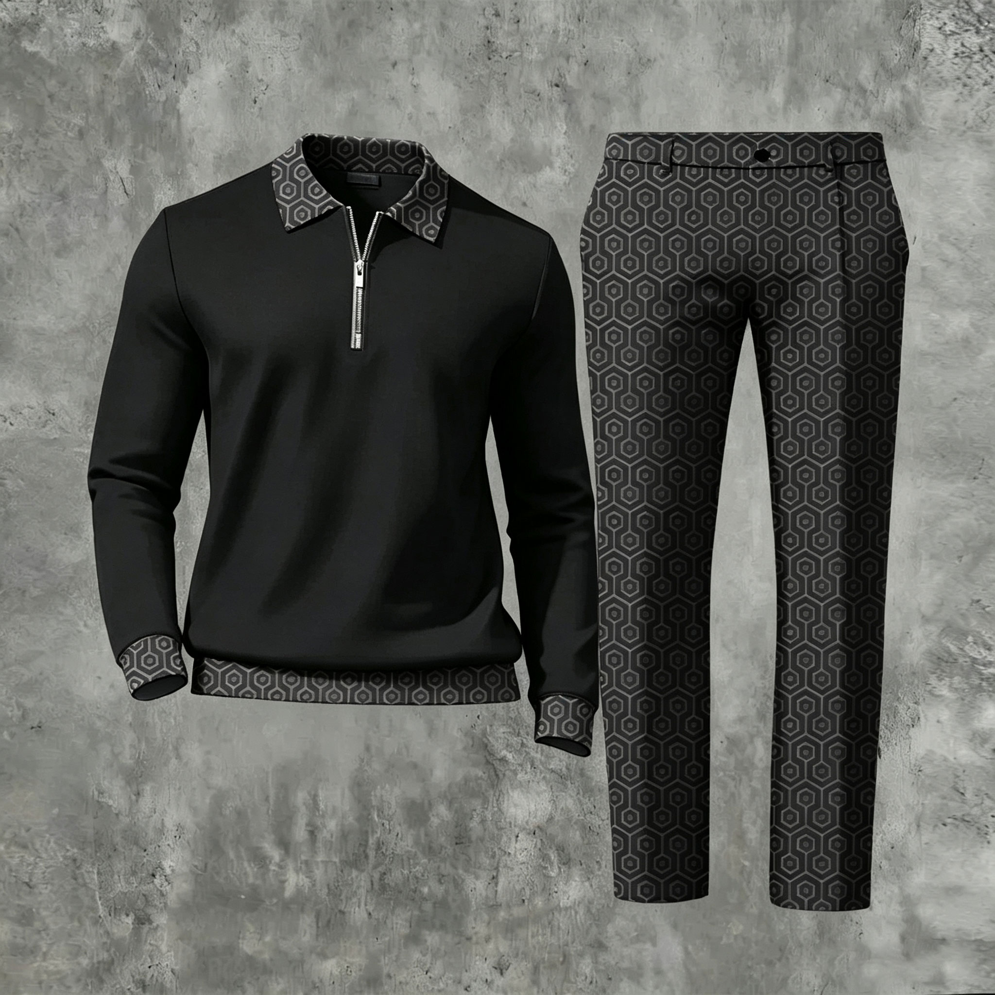 Men's Casual Color Matching Printed Polo-Collar Zipper Long Sleeved Trousers Two-Piece Set 1120