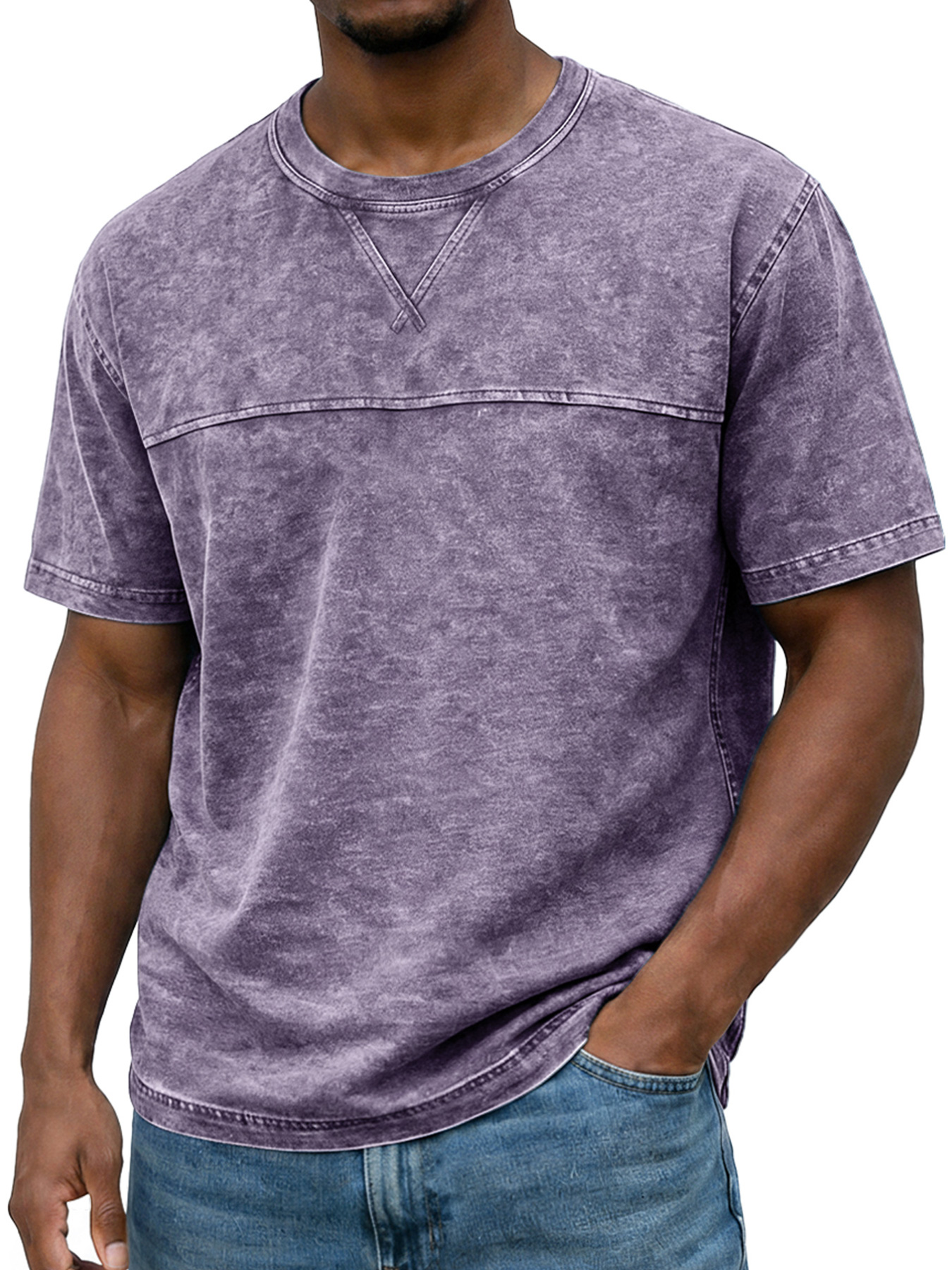 Men's Vintage Round Neck Short-sleeved T-shirt With Contrasting Stitching Design