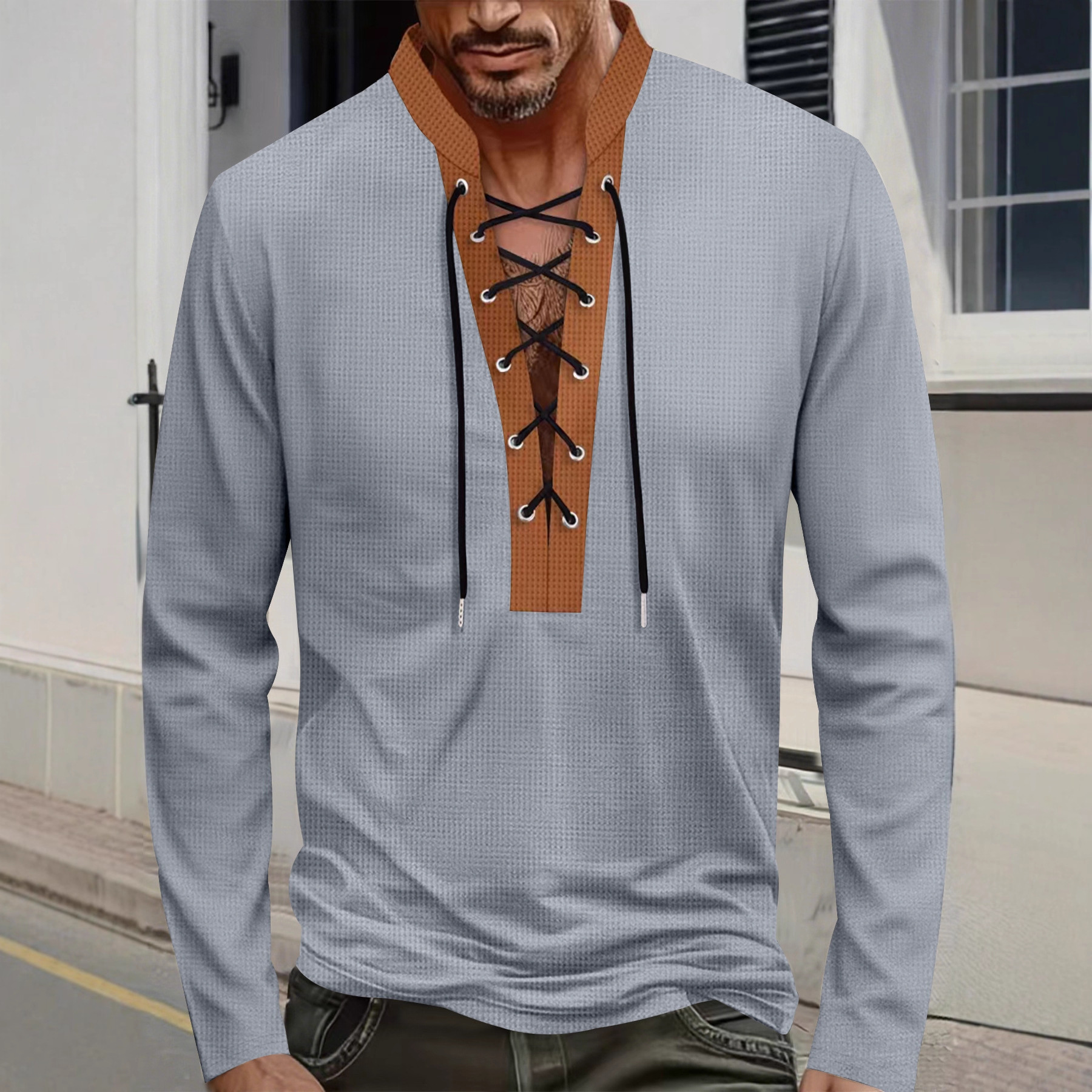 Men's Casual Solid Color Waffle V-Neckb Bandage Long Sleeved T-Shirts