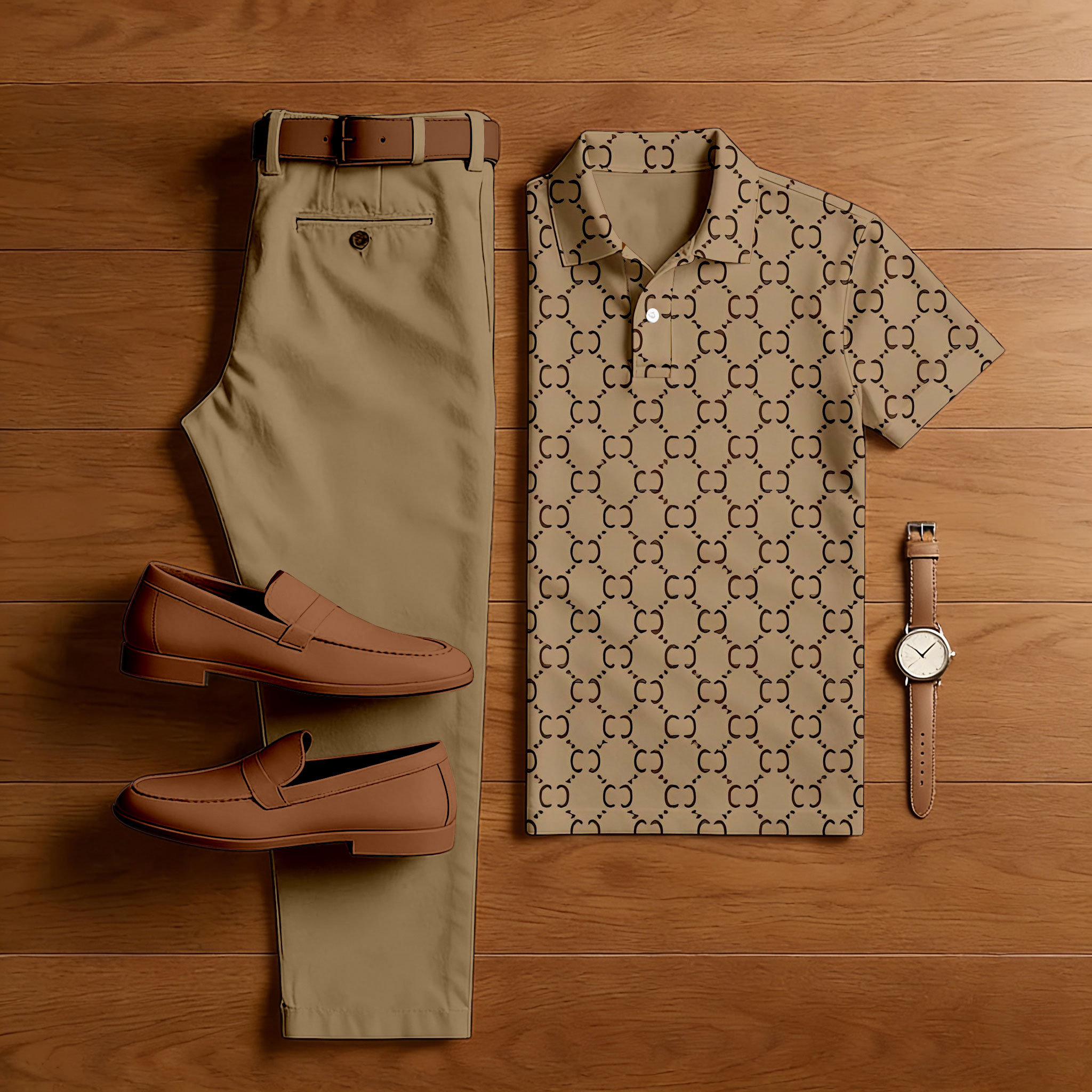 Men's Casual Coffee Color Matching Vintage Printed Short Sleeved Polo Shirt & Trousers Two-Piece Set 15