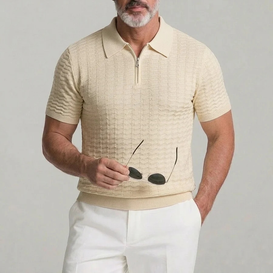 Men's Business Casual Solid Color Geometric Texture Zipper Polo Shirt