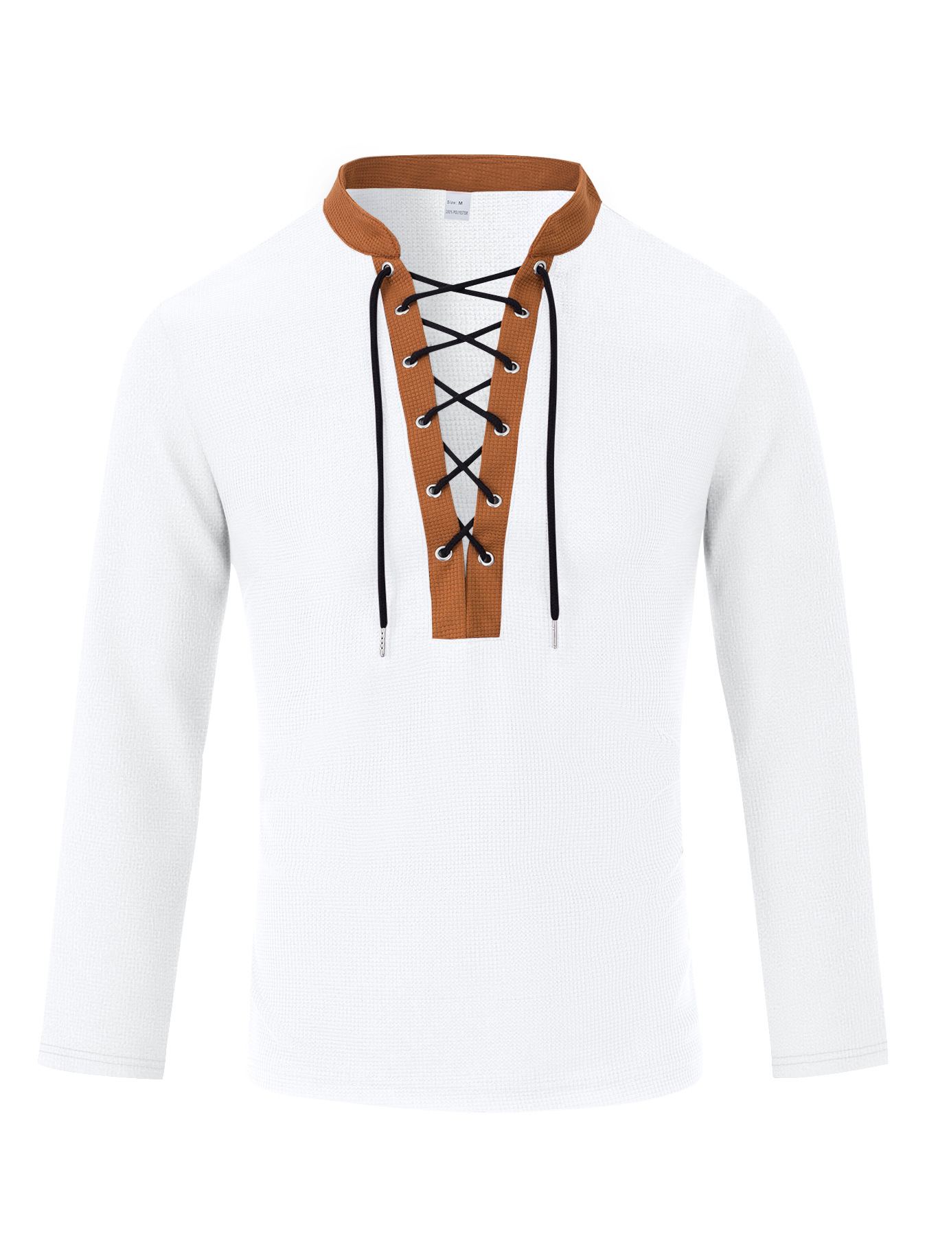 Men's Casual Solid Color Waffle V-Neckb Bandage Long Sleeved T-Shirts