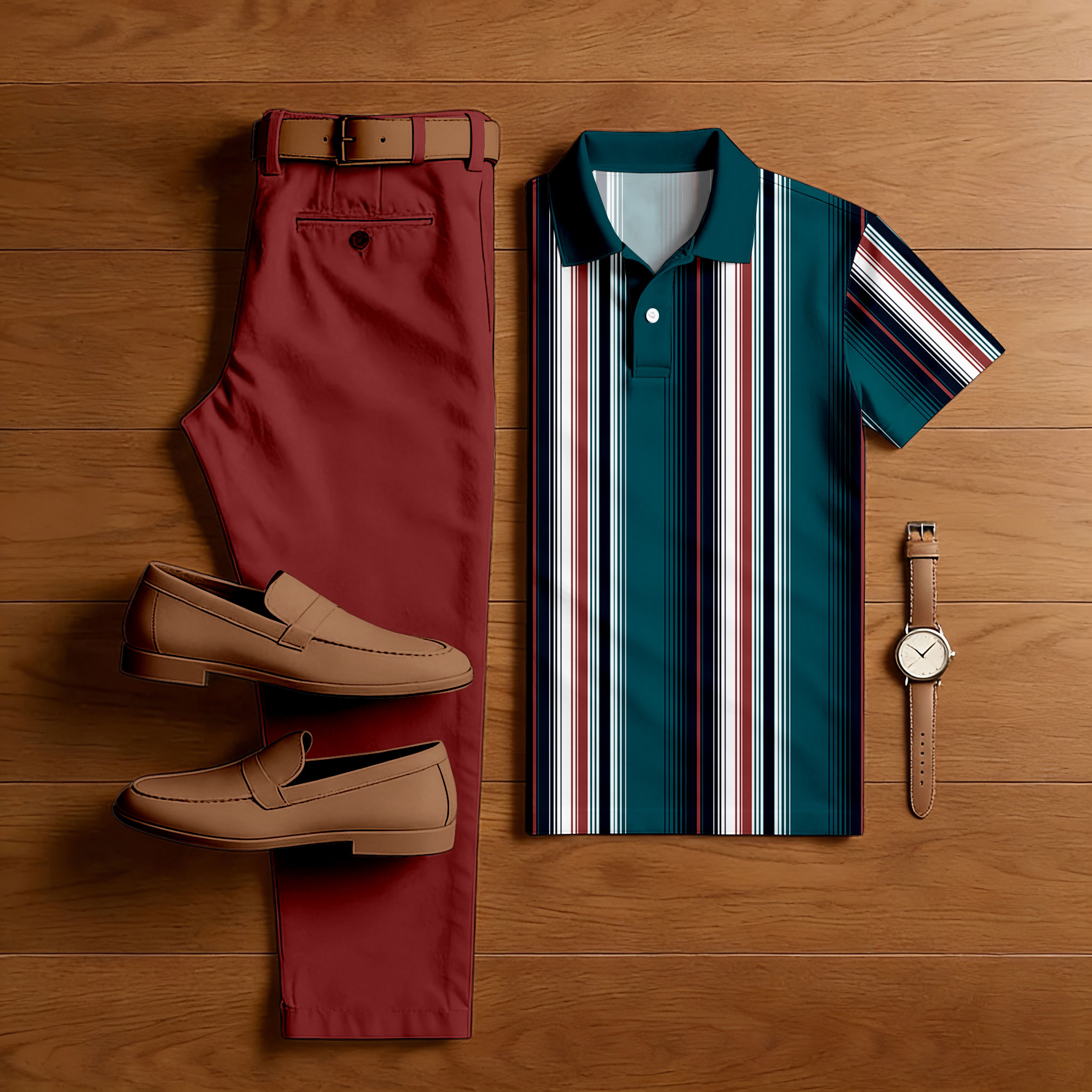 Men's Casual Red Brown & Green Color Matching Striped Printed Short Sleeved Polo Shirt & Trousers Two-Piece Set