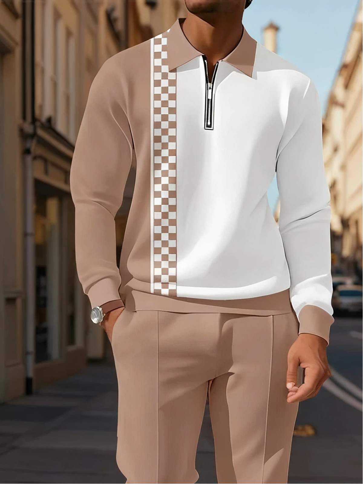 Men's Casual Colorblock Personalized Long Sleeve Polo Shirt Set  007