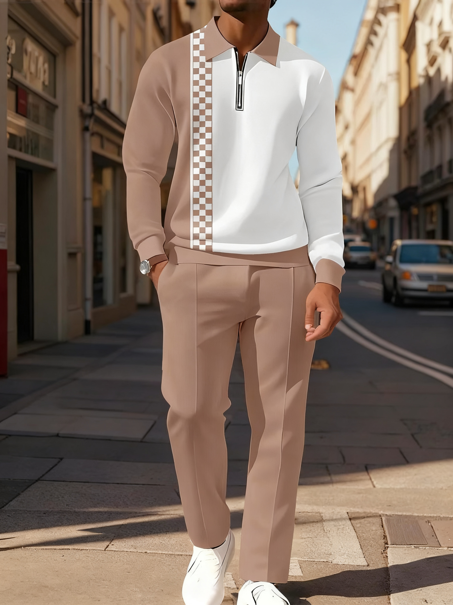 Men's Casual Colorblock Personalized Long Sleeve Polo Shirt Set  007