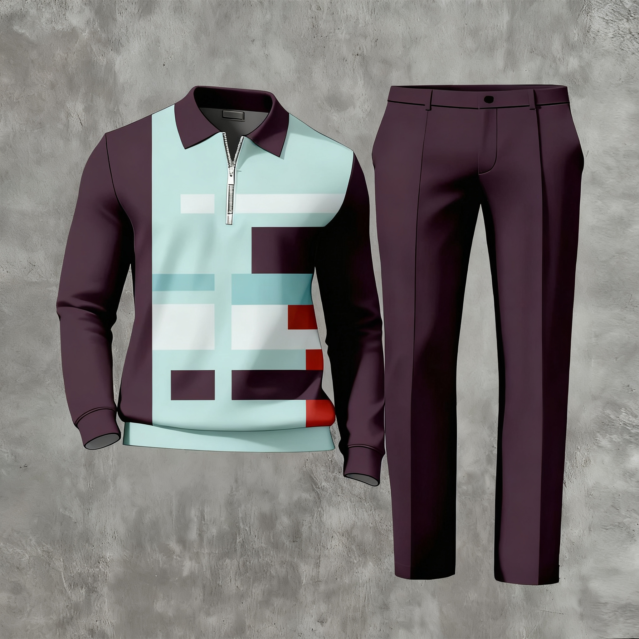 Men's Casual Color Matching Printed Polo-Collar Zipper Long Sleeved Trousers Two-Piece Set