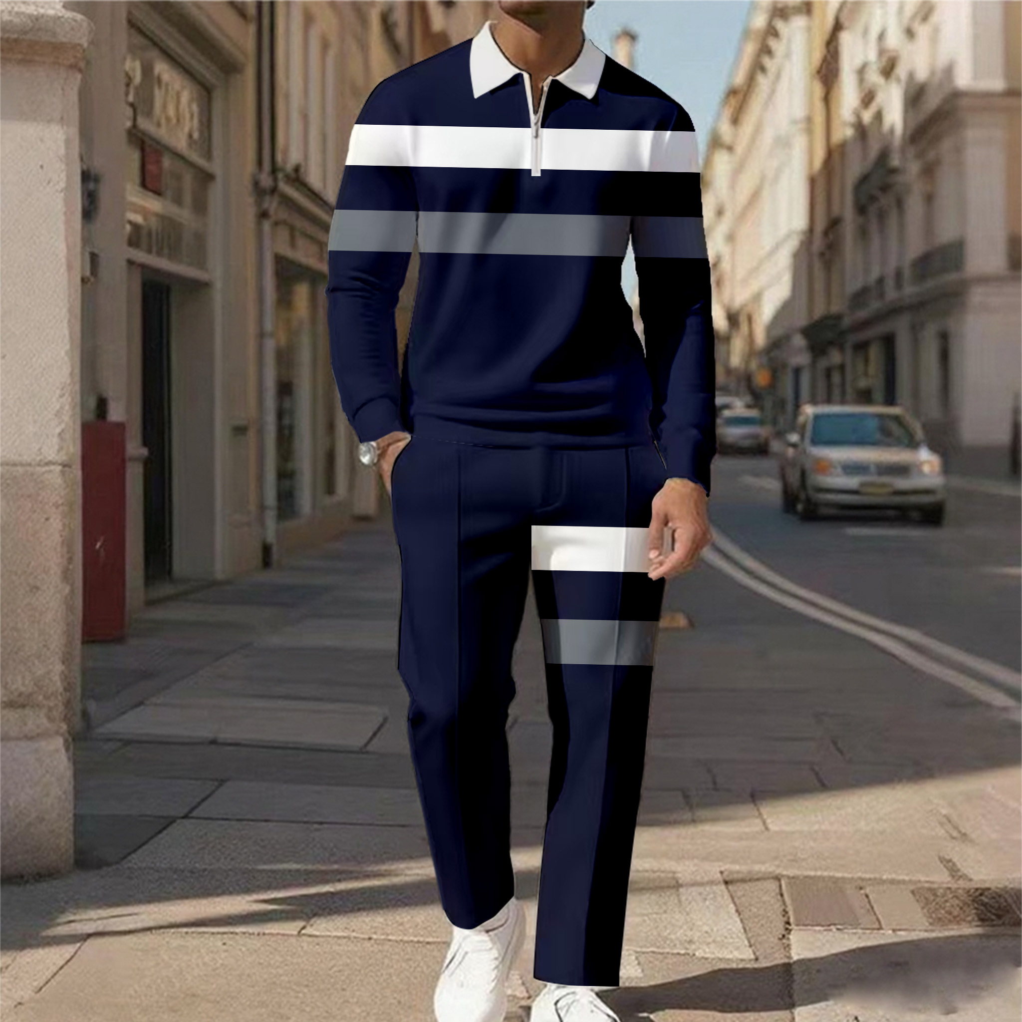 Men's Casual Color Matching Printed Polo-Collar Zipper Long Sleeved Trousers Two-Piece Set