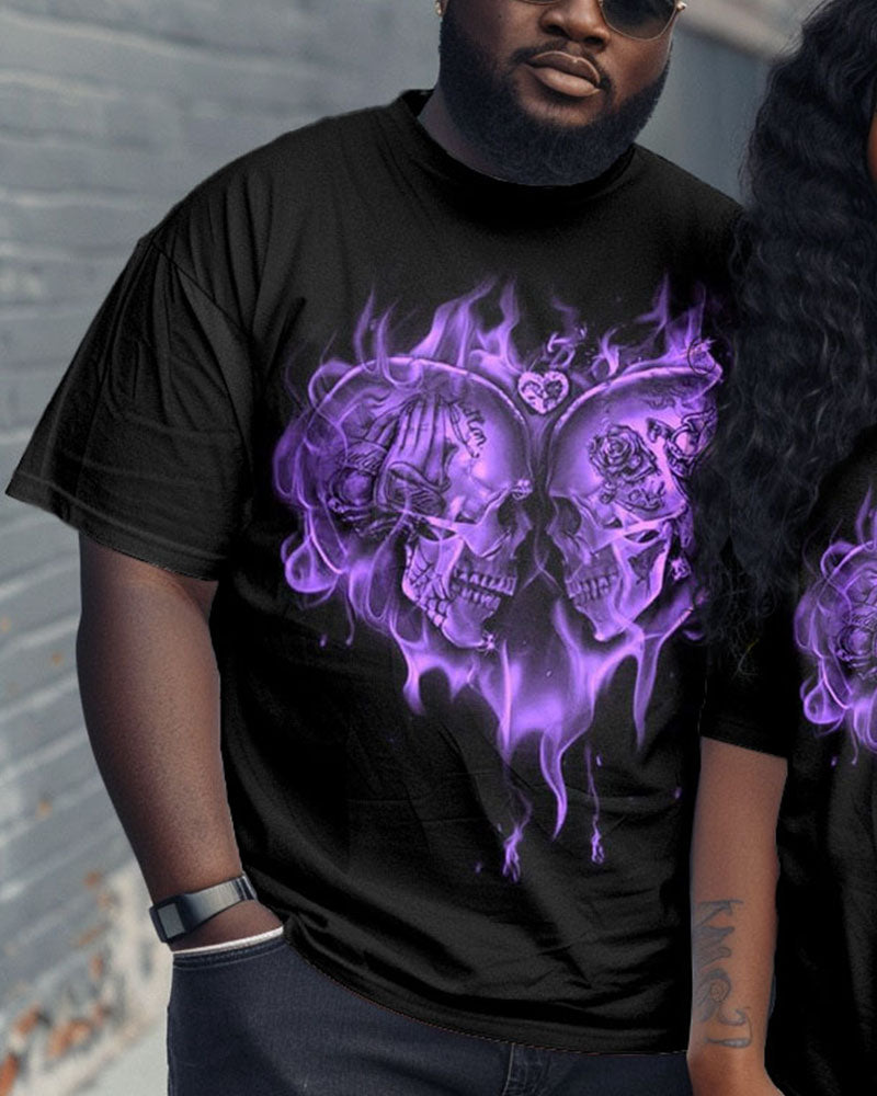 Couple Plus Size Fashion Flame Love Skull Print Round Neck Short Sleeve T-Shirt