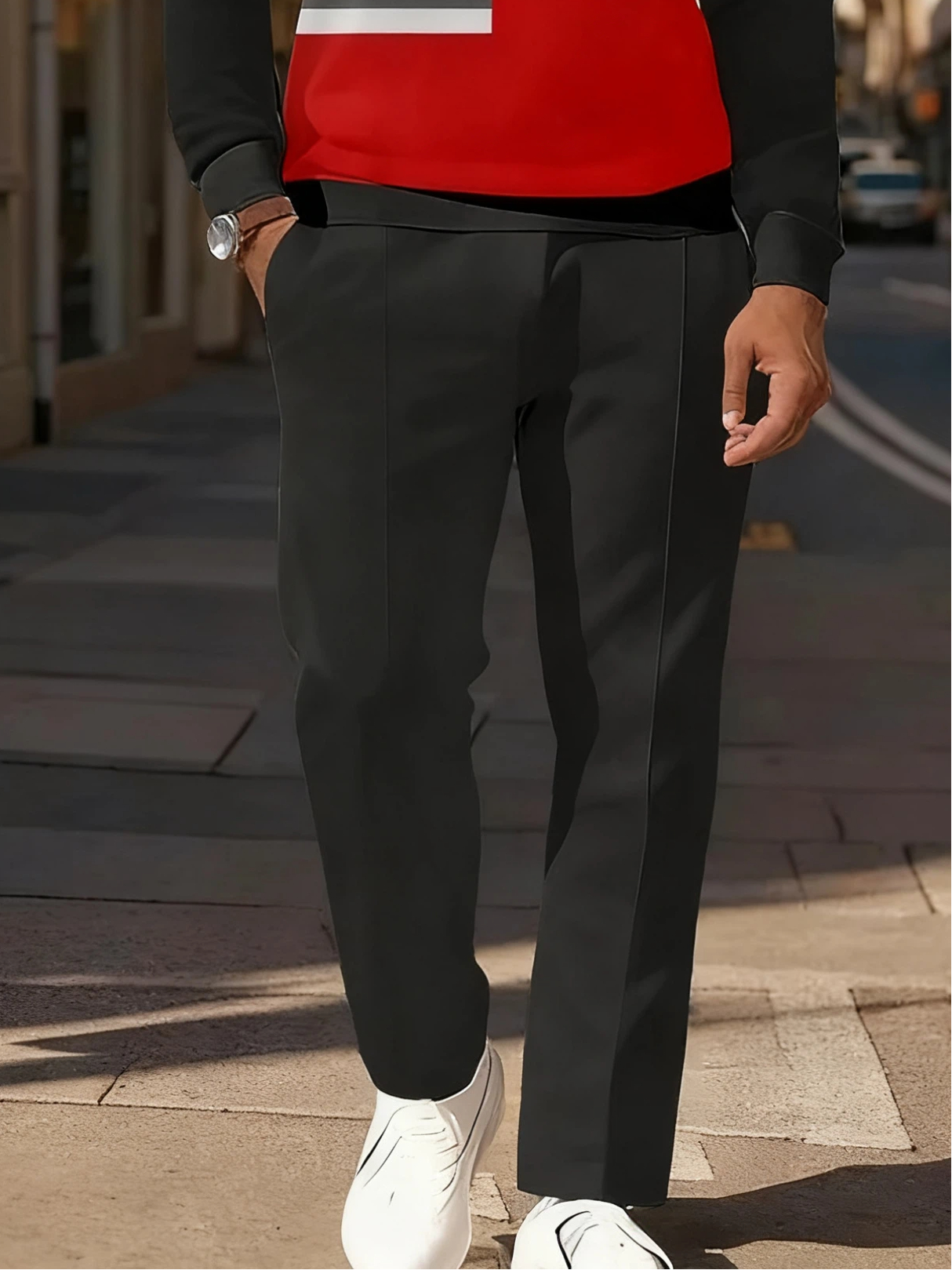 Men's Simple Black White Grey Red Stripes Printed POLO Long-sleeved Trousers Two-piece Set