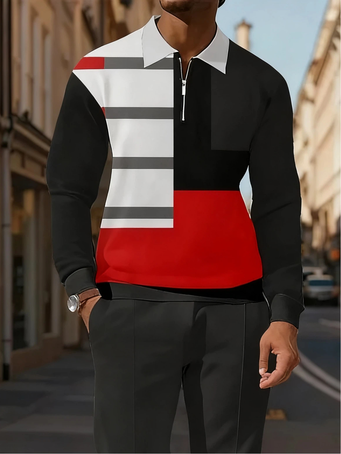 Men's Simple Black White Grey Red Stripes Printed POLO Long-sleeved Trousers Two-piece Set