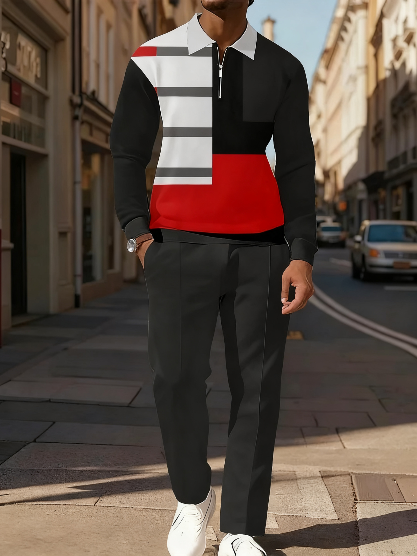 Men's Simple Black White Grey Red Stripes Printed POLO Long-sleeved Trousers Two-piece Set