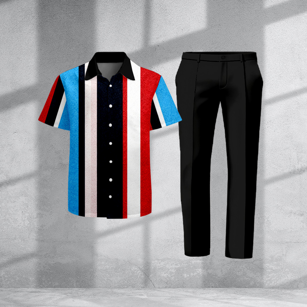 Men's Casual Color Block Striped Print Short-Sleeve Shirt And Pants Two-Piece Set