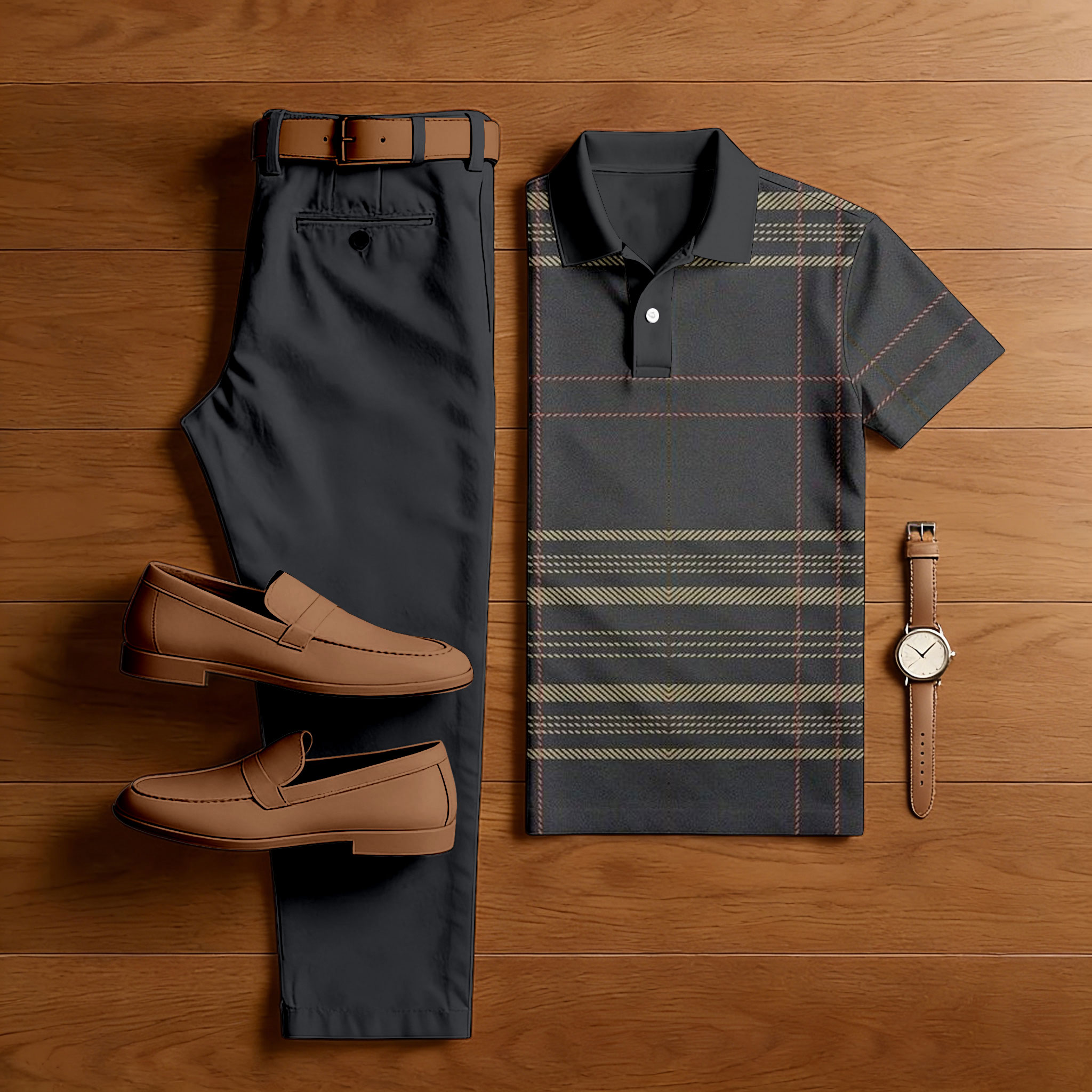 Men's Casual Dark Gray Color Matching Checkered Printed Short Sleeved Polo Shirt & Trousers Two-Piece Set