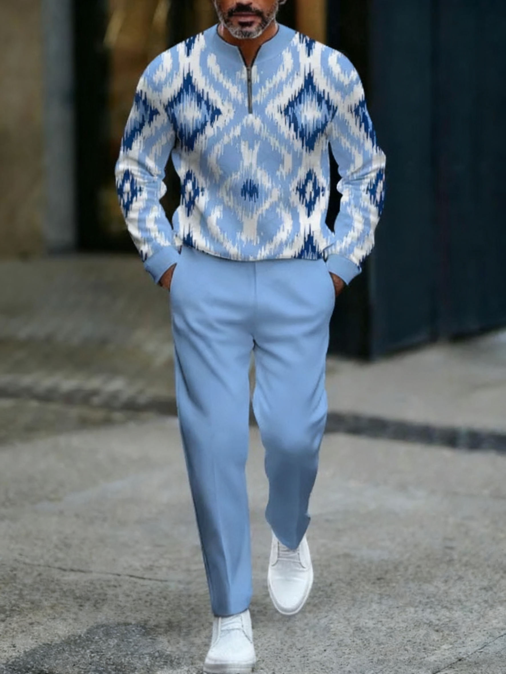 Men's Casual Color Matching Printed Round-Neck Zipper Long Sleeved Trousers Two-Piece Set