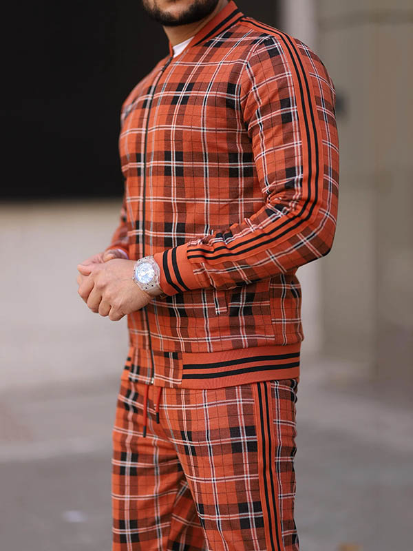 Men's Quilted Thick Plaid Long-Sleeved Jacket Trousers Two-Piece Set