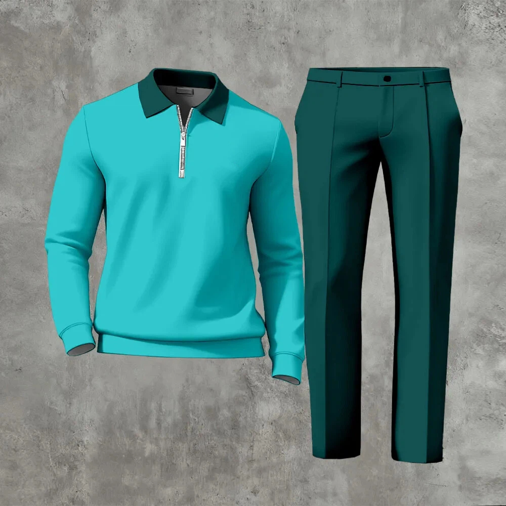 Men's Casual Color Matching Printed Polo-Collar Zipper Long Sleeved Trousers Two-Piece Set