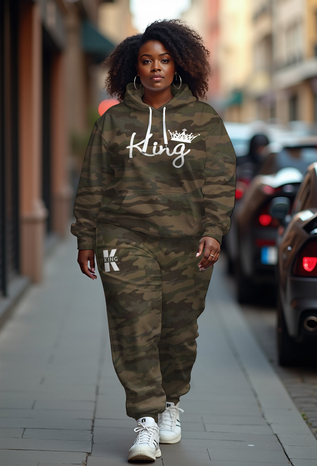 Couple Big and Tall Casual Outfit Camouflage Graffiti King Queen Hoodie Set