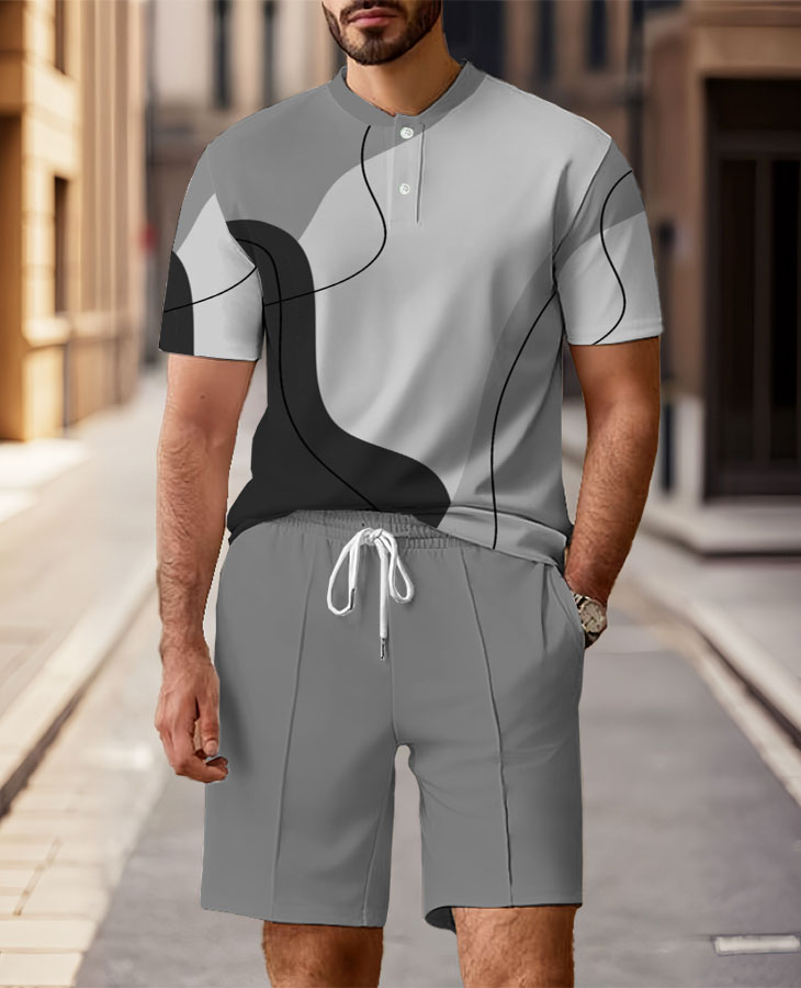 Men's Fashion Casual Round-Neck Geometric Printed Short-Sleeved Two-Piece Set