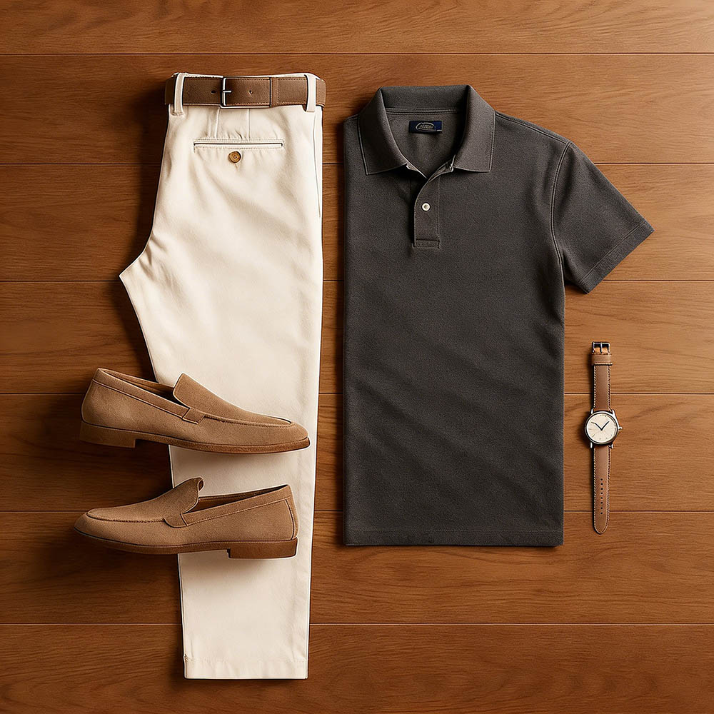 Men's Casual Dark Gray & Khaki Color Matching Short Sleeved Polo Shirt & Trousers Two-Piece Set