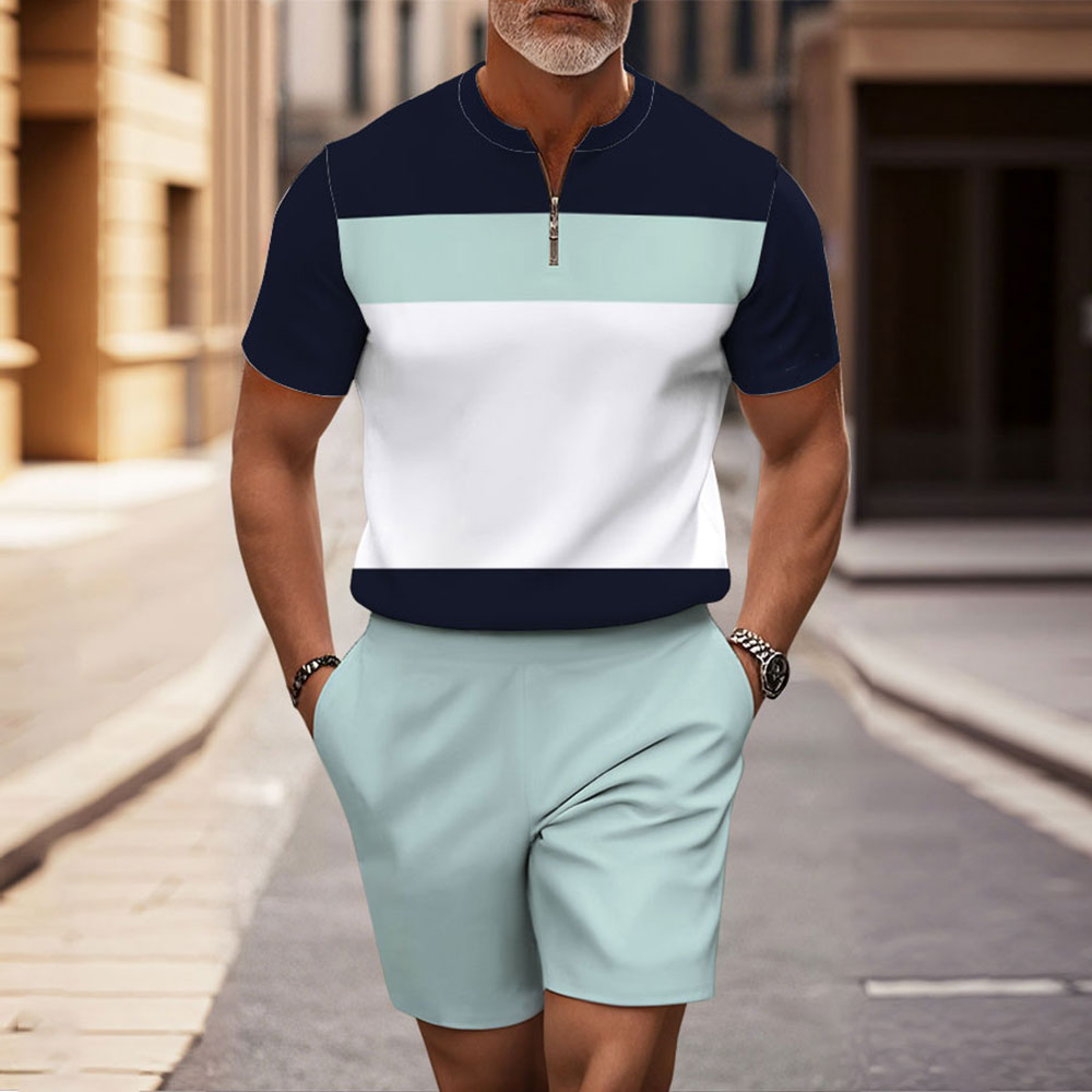 Men's Fashion Casual Round-Neck Geometric Printed Short-Sleeved Two-Piece Set