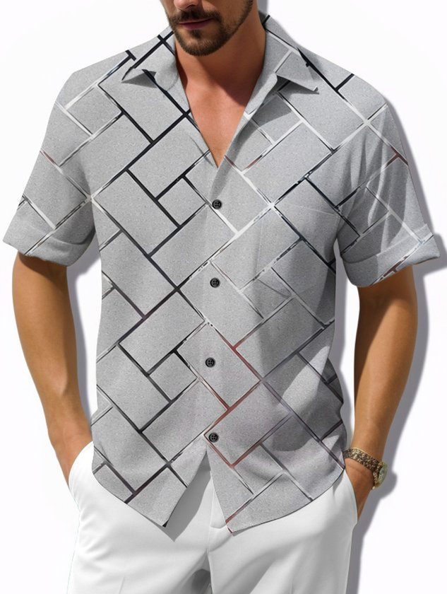 FIP  Retro Geometric 3D Tech Print Men's Button Pocket Short Sleeve Shirt