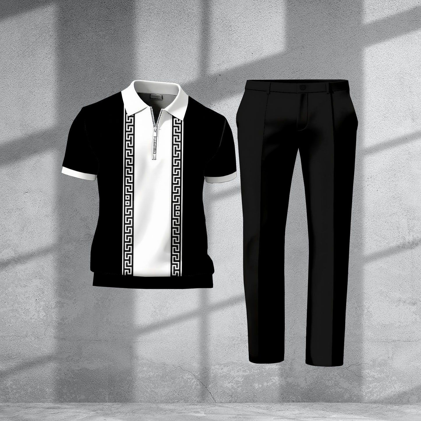 Men's Casual Black & White Color Matching Geometric Printed Zipper Short Sleeved Polo Shirt & Trousers Two-Piece Set