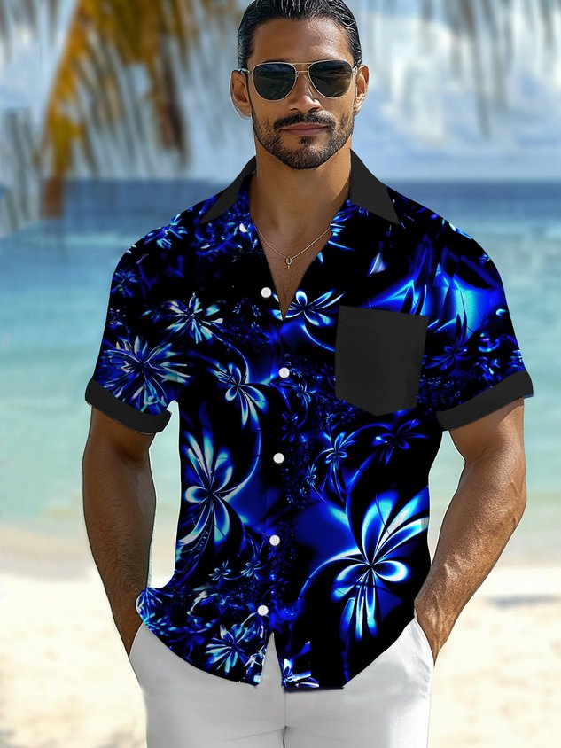 FIP Hawaiian Floral 3D Print Men's Button Pocket Short Sleeve Shirt
