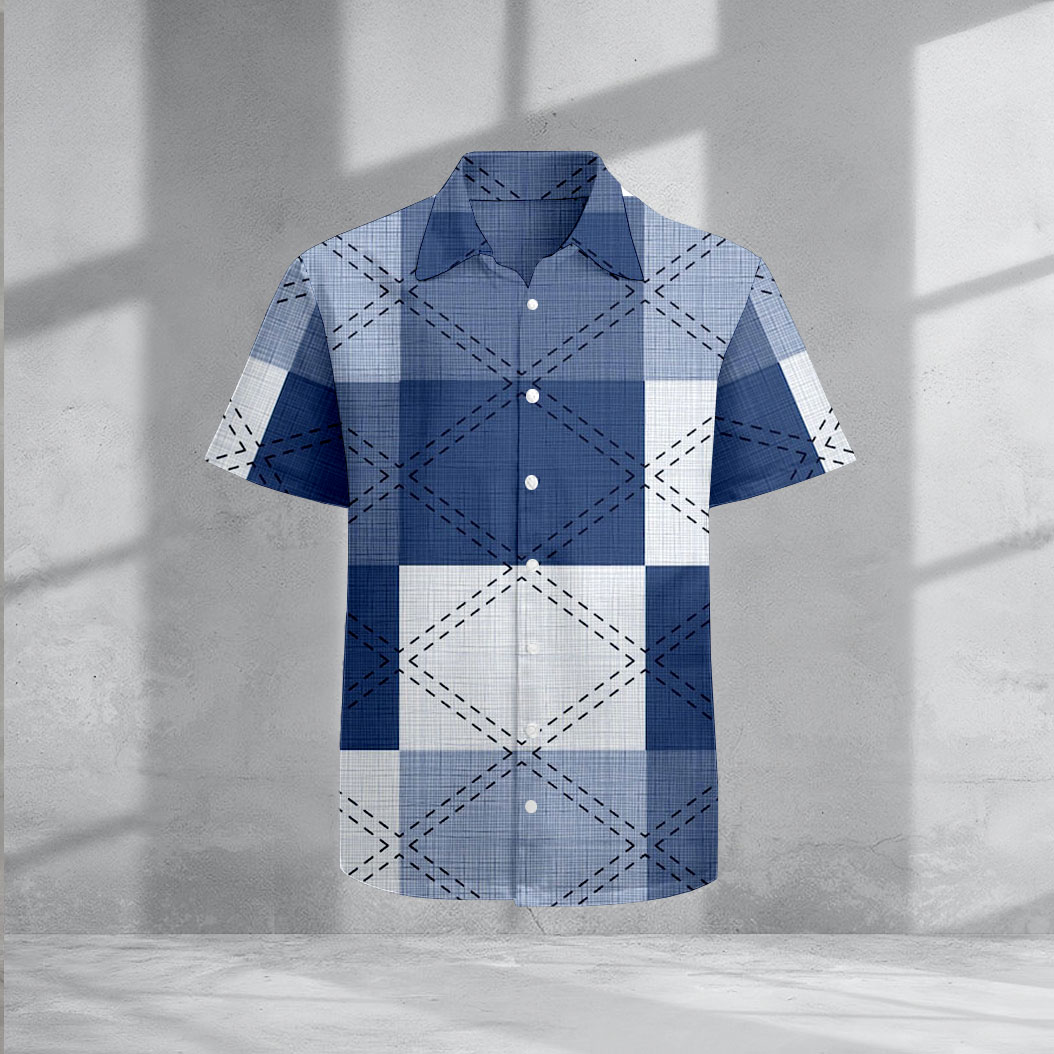 Men's Casual Lapel Denim Blue Color Matching Plaid Printed Short Sleeve Blouses&Shirt Tops