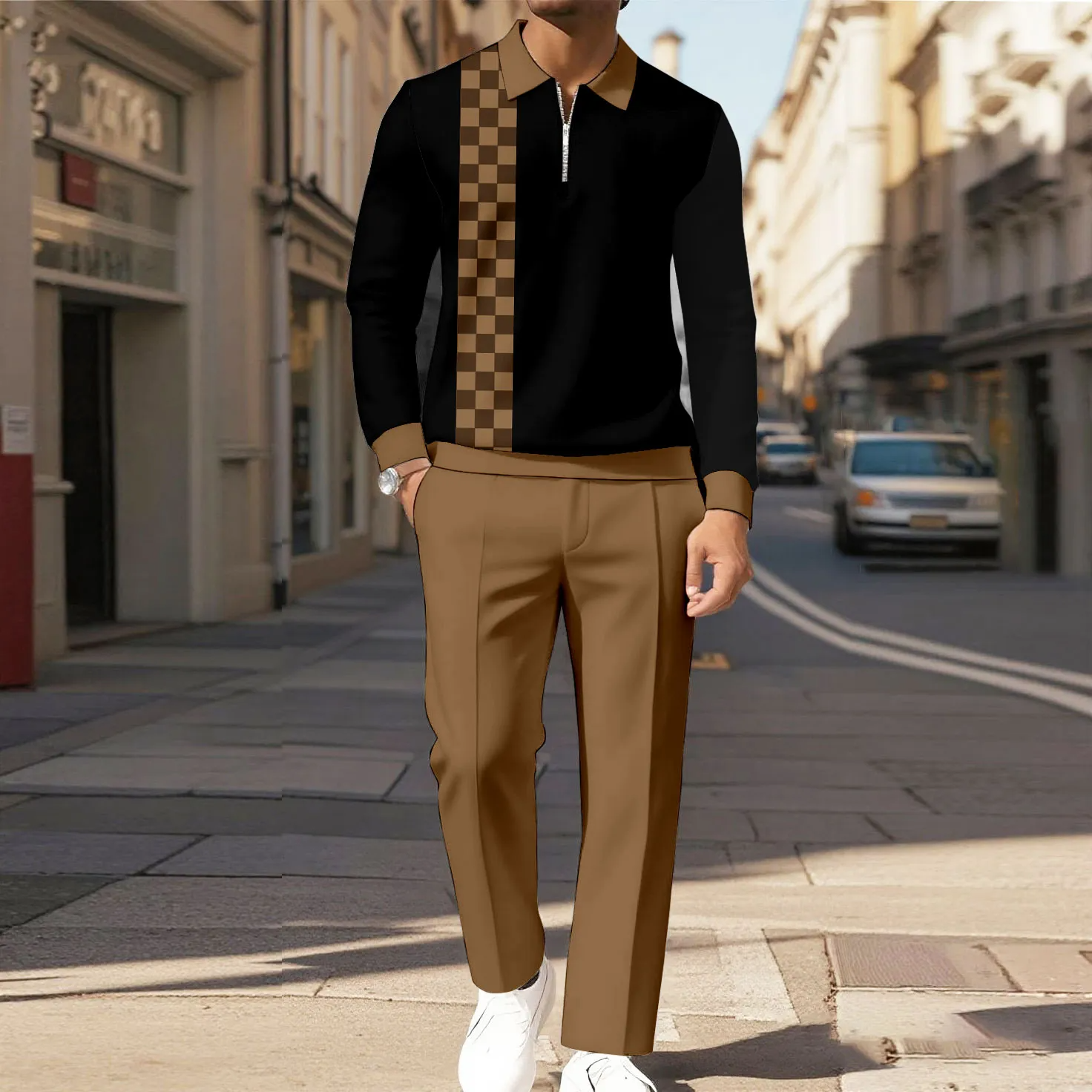 Men's Casual Color Matching Printed Polo-Collar Zipper Long Sleeved Trousers Two-Piece Set