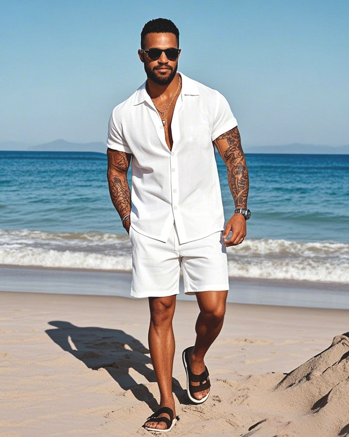 Men's Fashion Casual Lapel Collar Solid Color Short-Sleeved Two-Piece Set