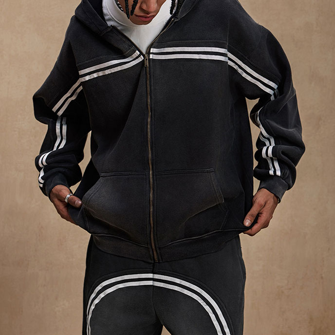 Men's Striped Printed Fleece-Lined Loose Casual Hoodie Jacket & Pants Two Piece Set