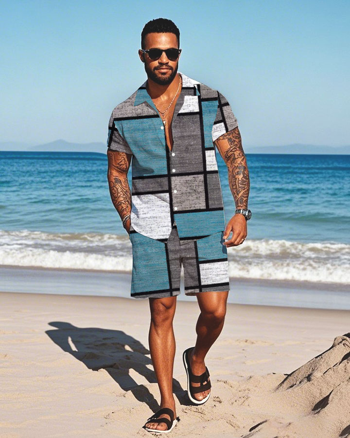 Men's Fashion Casual Lapel Collar Geometric Printed Short-Sleeved Two-Piece Set