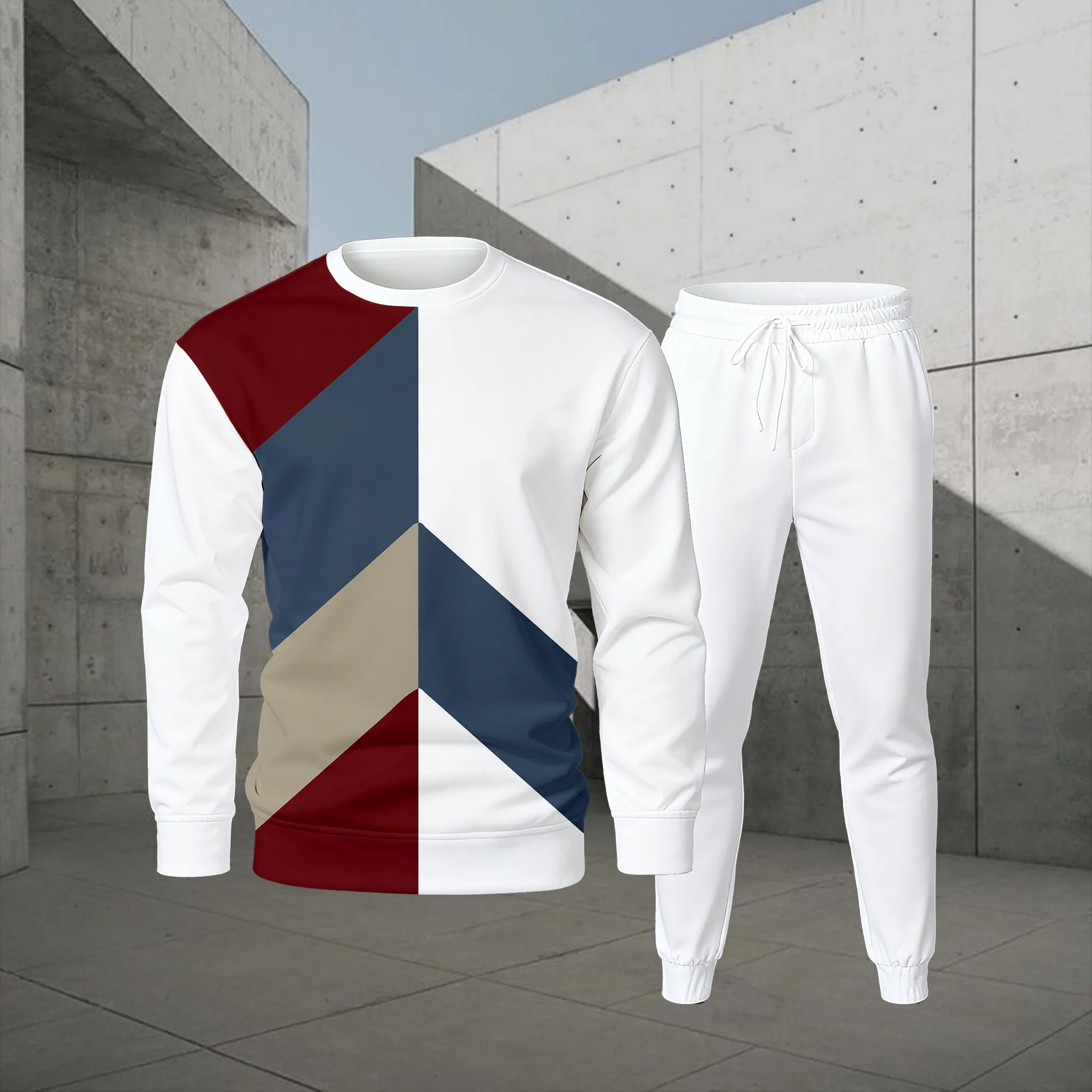 Men's Casual Color Matching Printed Round-Neck Long Sleeved Sweatshirts Trousers Two-Piece Set