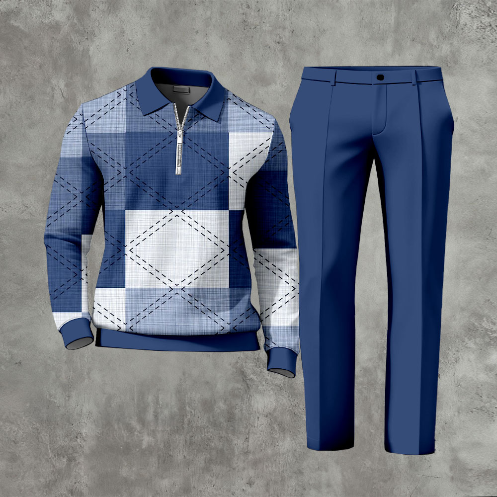 Men's Casual Color Matching Printed Polo-Collar Zipper Long Sleeved Trousers Two-Piece Set 1014