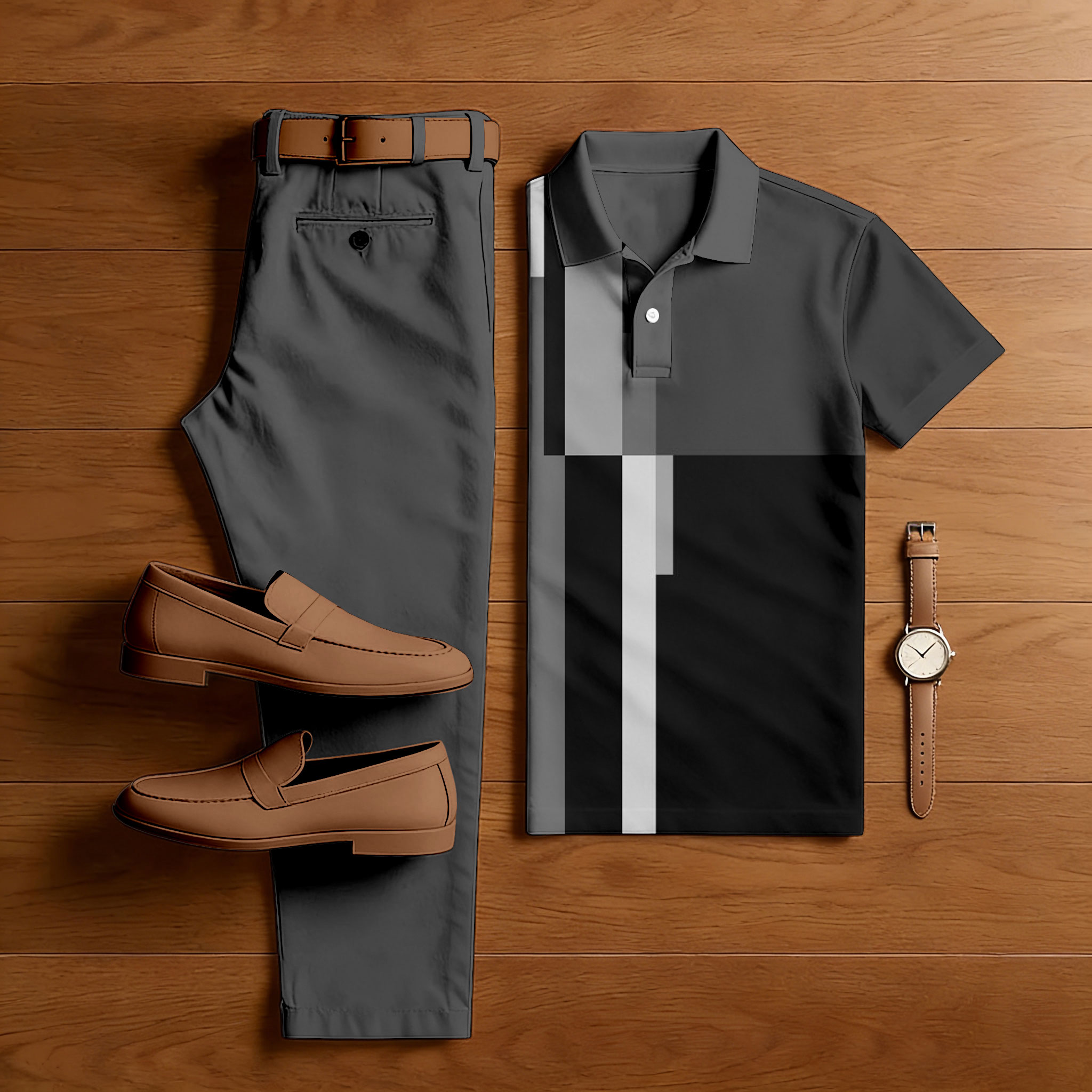 Men's Casual Black & Gray Color Matching Geometric Printed Short Sleeved Polo Shirt & Trousers Two-Piece Set