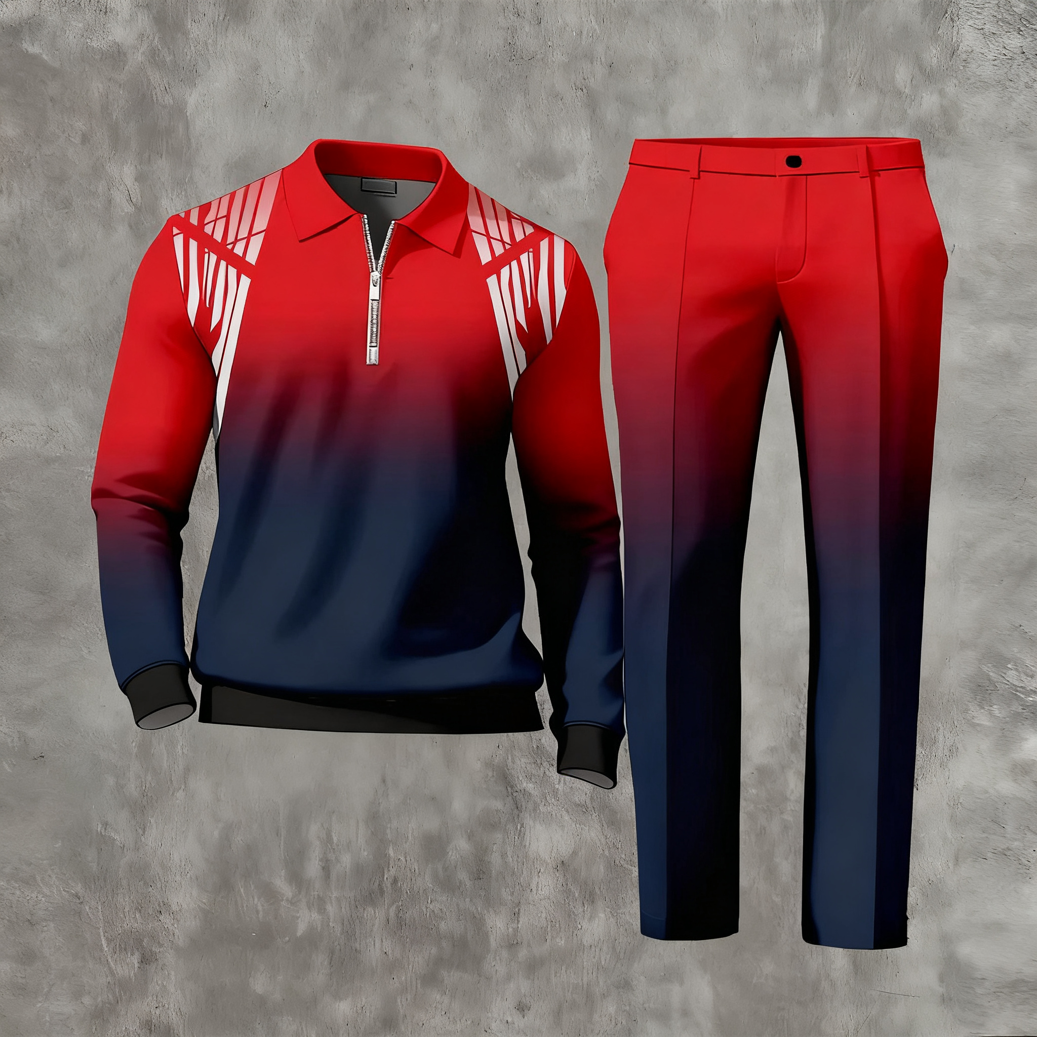 Men's Casual Color Matching Printed Polo-Collar Zipper Long Sleeved Trousers Two-Piece Set