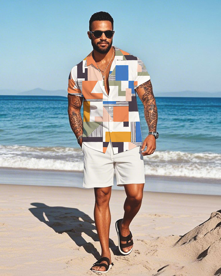 Men's Fashion Casual Lapel Collar Geometric Printed Short-Sleeved Two-Piece Set