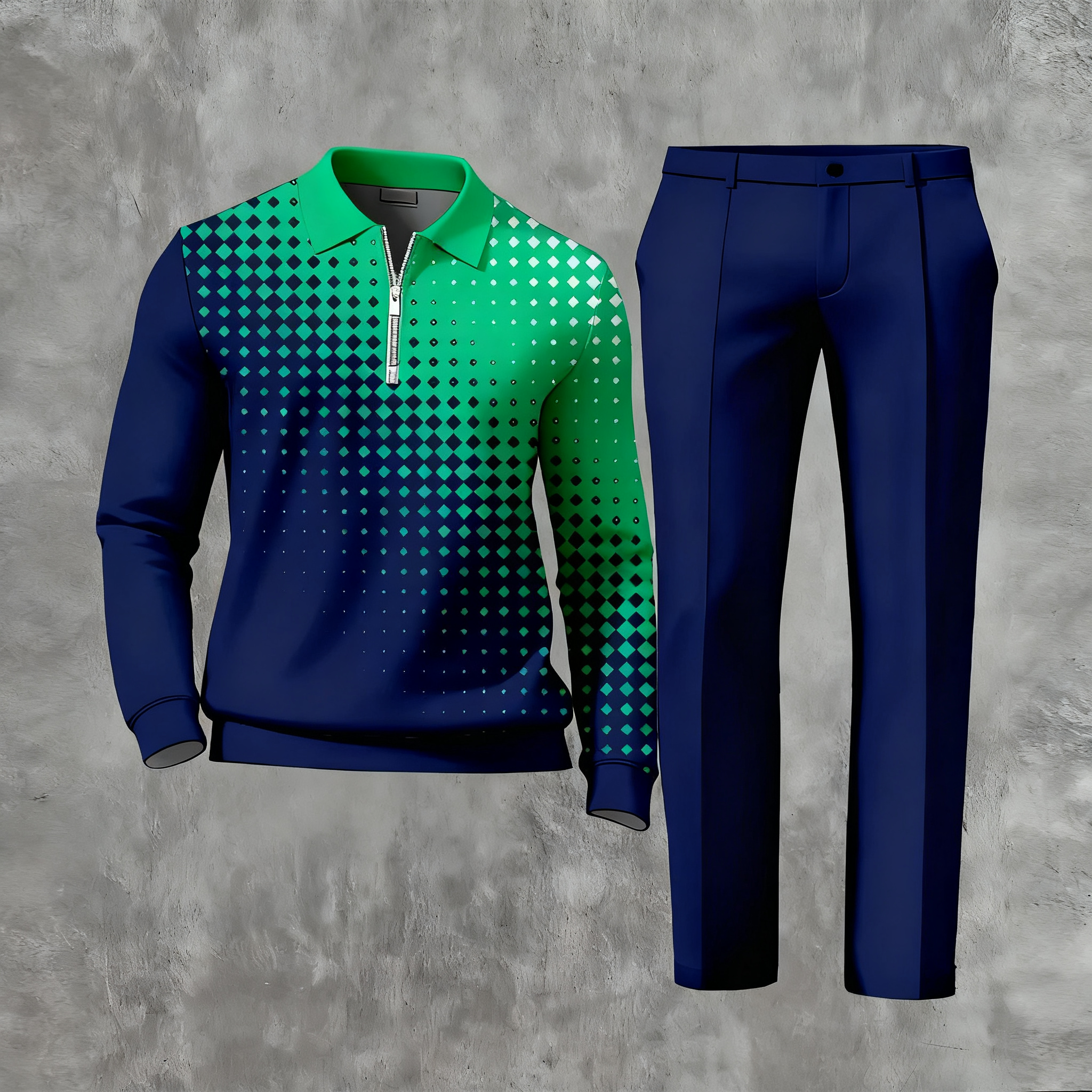 Men's Casual Color Matching Printed Polo-Collar Zipper Long Sleeved Trousers Two-Piece Set