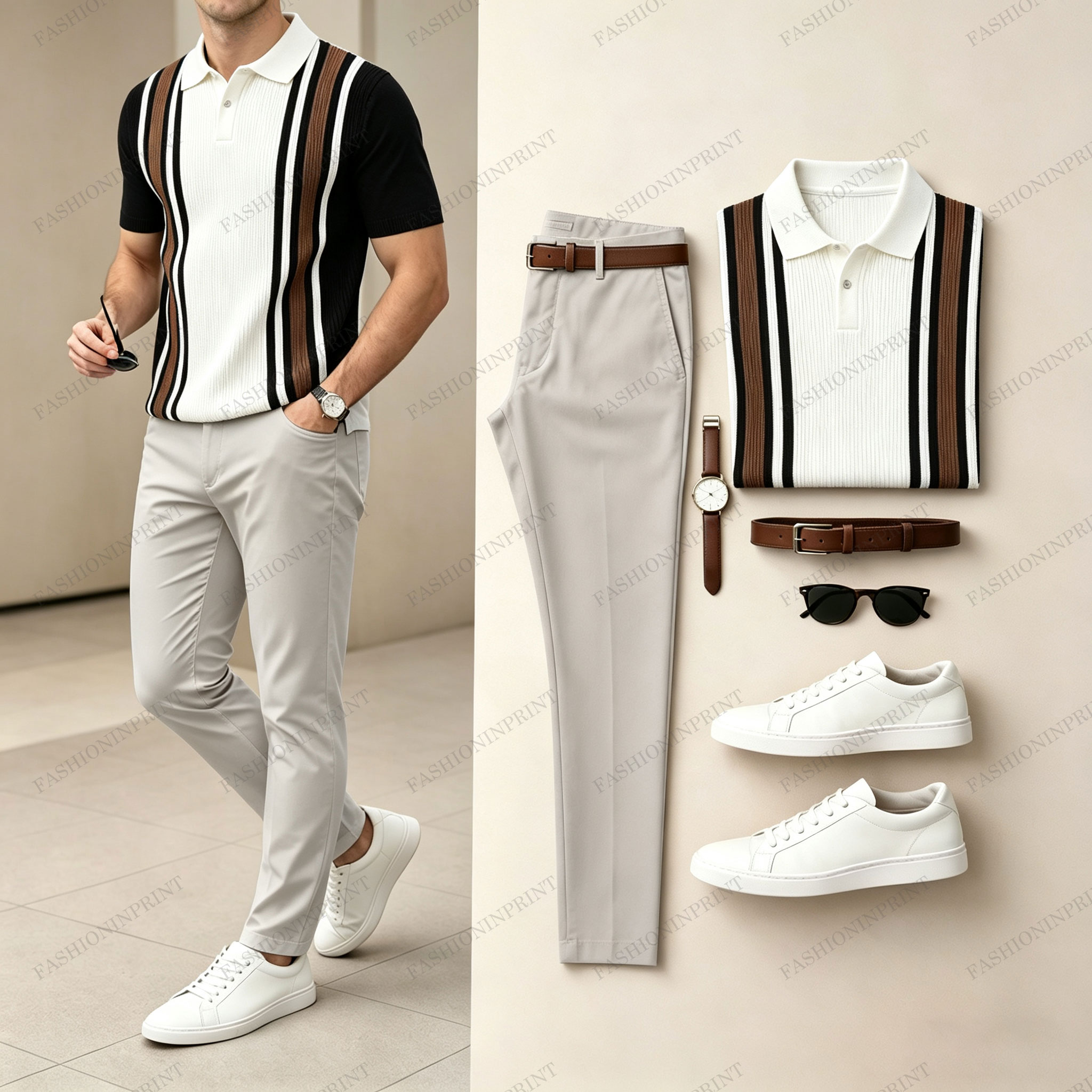 Men's Vertical-Striped Knit Short-Sleeve Polo Shirt and Pants Two-Piece Set (Accessories Not Included)