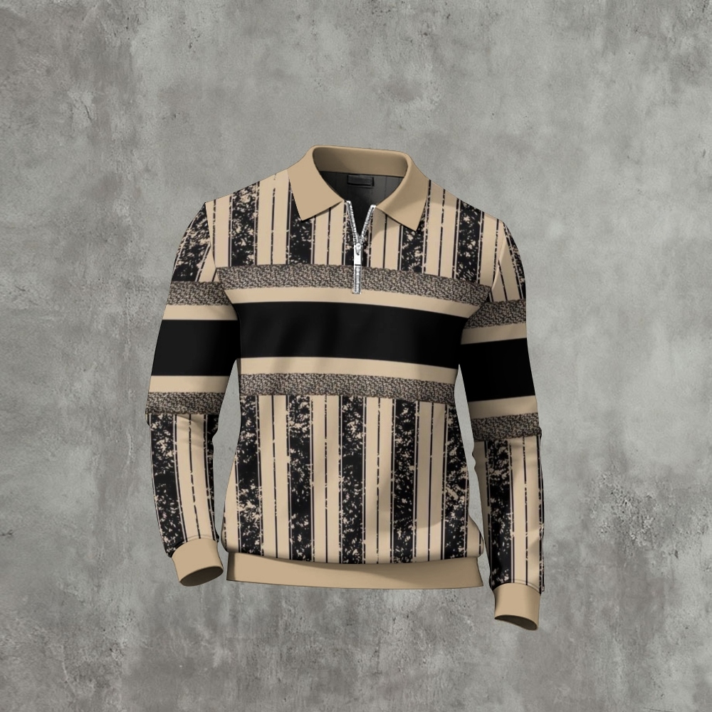 Men's Casual Cats And Sheet Music Printed Polo-Collar Zipper Long Sleeved Trousers White Two-Piece Set