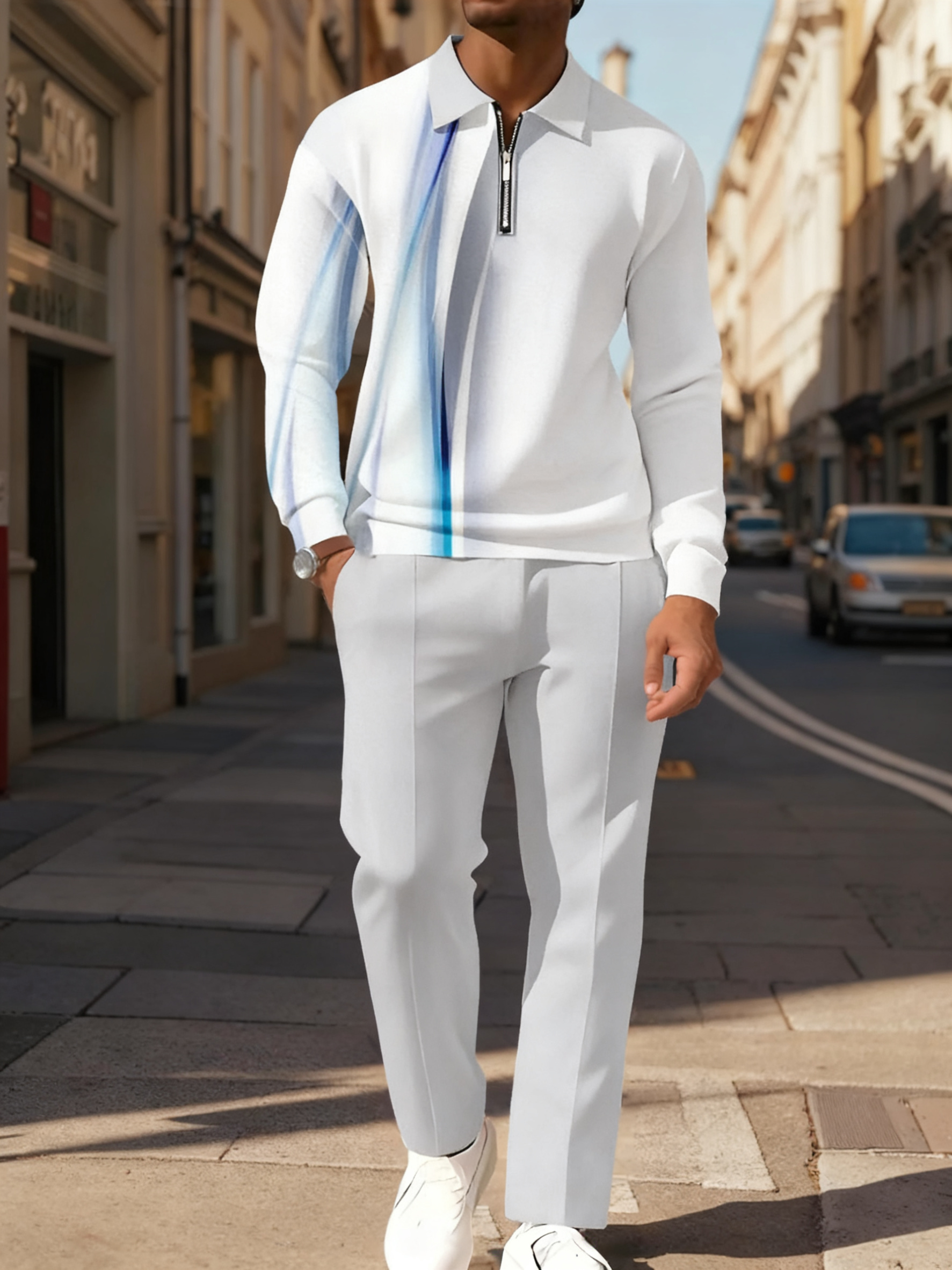 Men's Gradient Casual Long Sleeve Polo Shirt Set 121